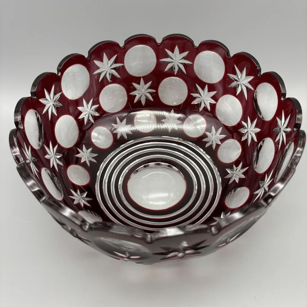 Vintage Bohemian Hand Cut Crystal Glass Ruby to‎ Clear bowl SIGNED 8.75